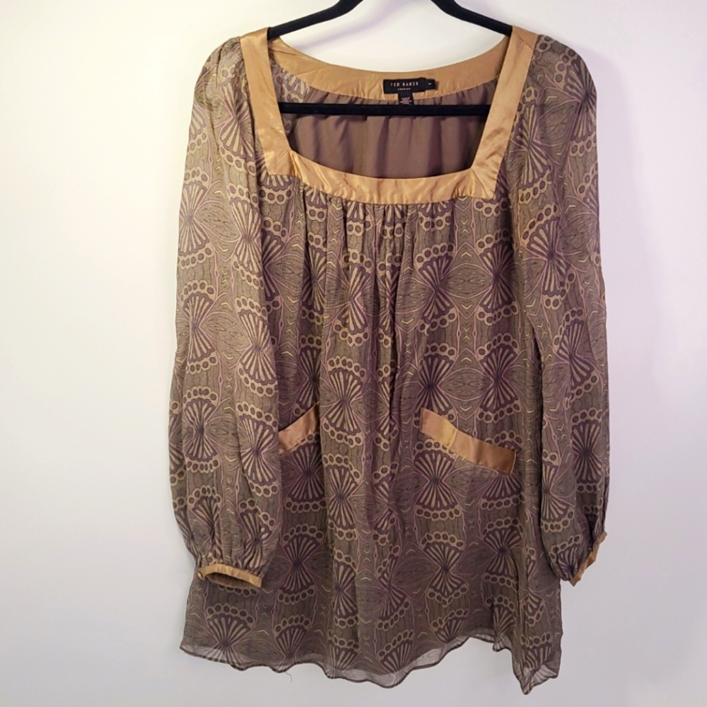 Ted Baker brown and tan geometric print 100% silk dress with bell sleeve size 1